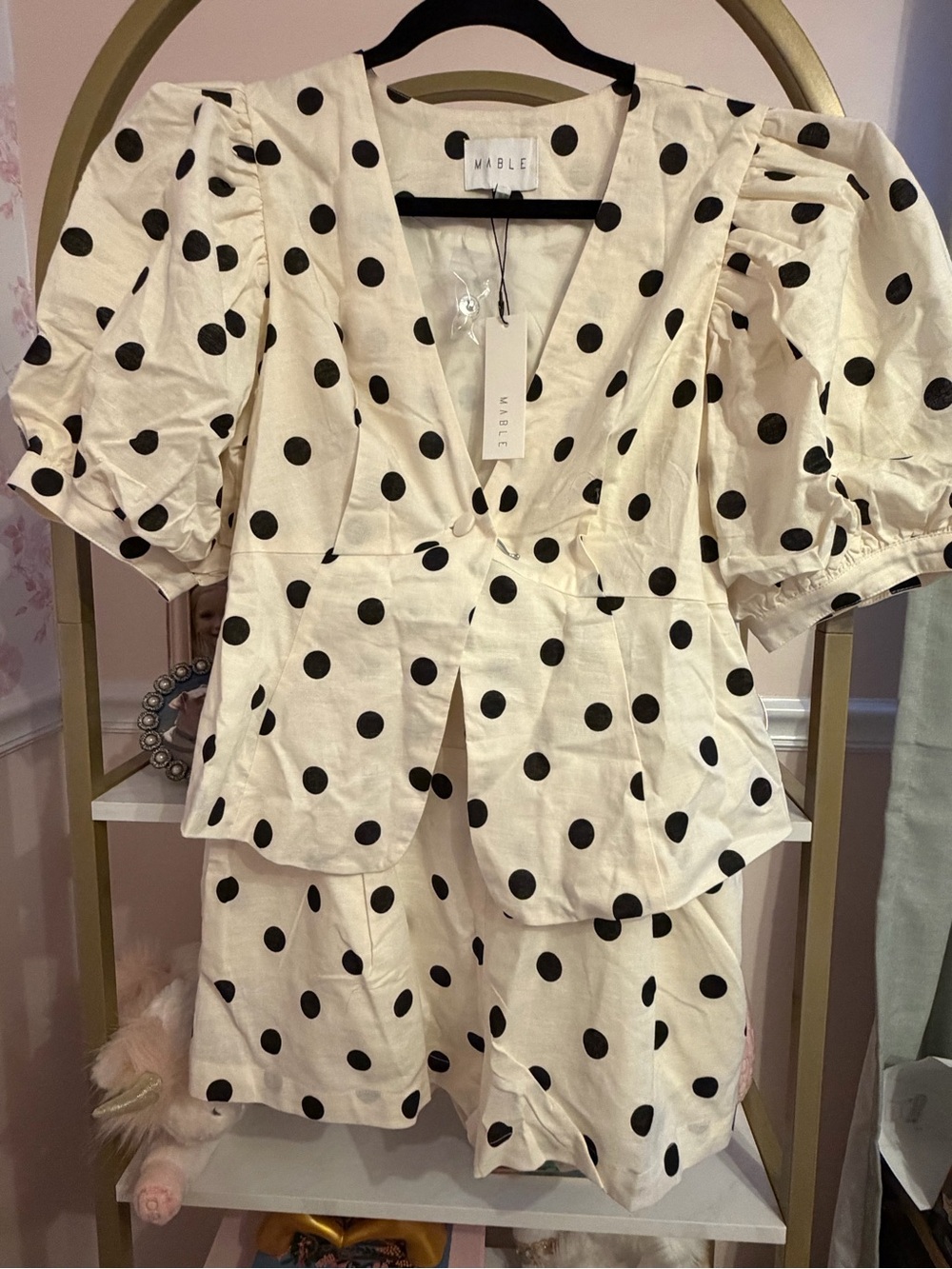 MABLE cream SET with Black Polka Dots and Puff Sleeves.